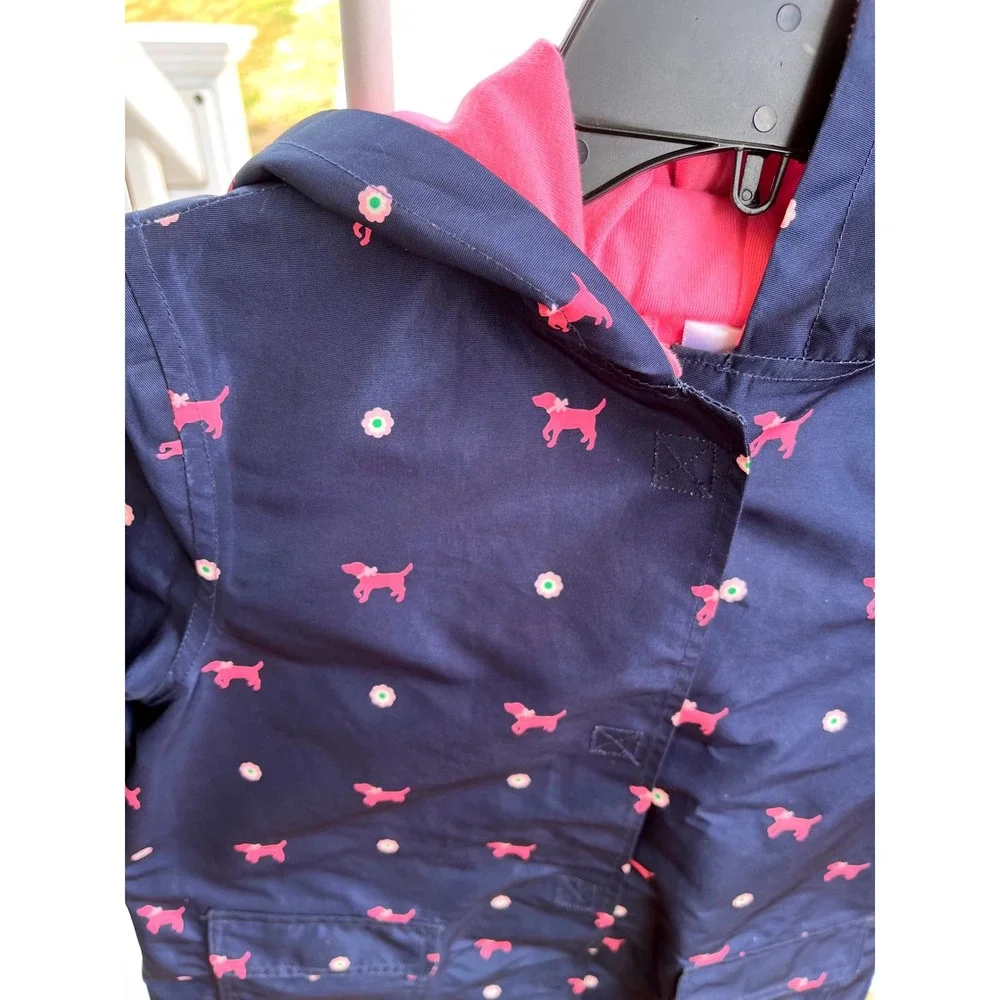 Gymboree Kids Navy Blue‎ Raincoat Pink Dog Print Hooded Spring Autumn Outerwear